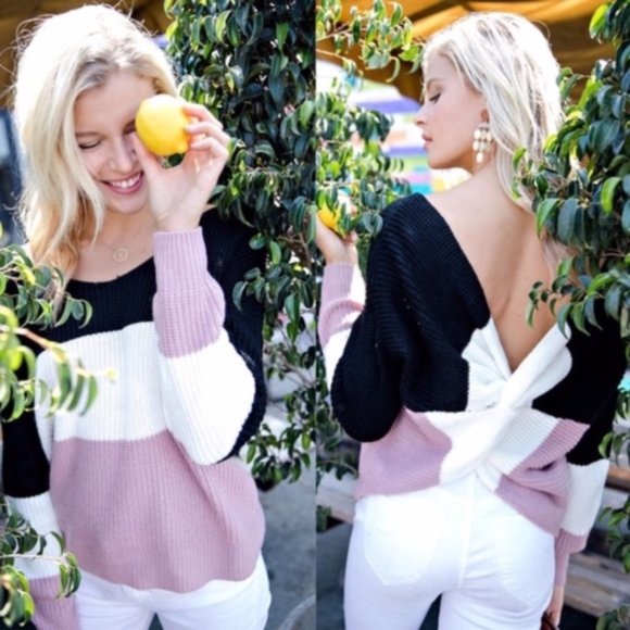 V-Neck Color Block Twisted Knot Back Sweater - Picture 3 of 5